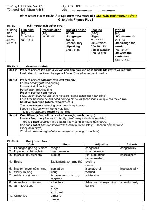 Đề cương ôn tập Học kì 1 Tiếng Anh 8 năm 2025–2026 trường THCS Trần Văn Ơn (TP Hồ Chí Minh)